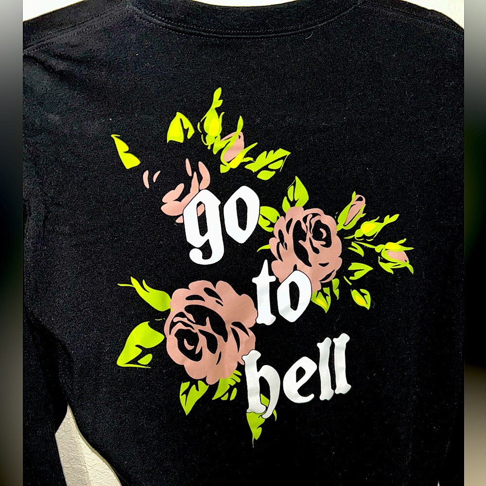 Spencer’s Long sleeve sweater/t shirt 
Go to Hell on Back 
Fast Shipping